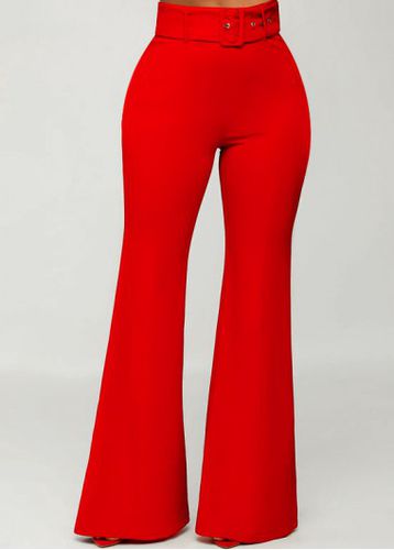 Red Breathable Belted Flare Leg Zipper Fly Pants - unsigned - Modalova