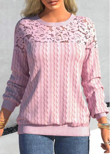 Pink Lace Patchwork Long Sleeve Round Neck Sweatshirt - unsigned - Modalova