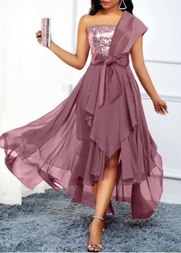 Dusty Pink Asymmetric Hem High Low Belted Dress - unsigned - Modalova