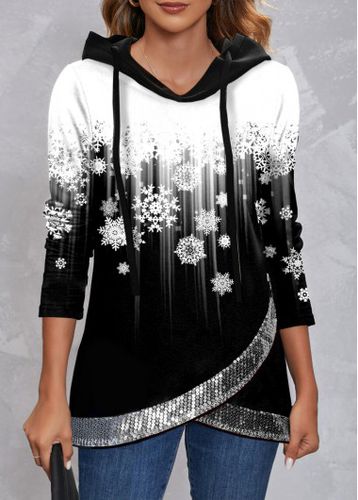 Christmas Snowflake Print Cross Hem Sequin Black Hoodie - unsigned - Modalova