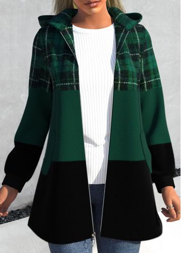 Blackish Green Patchwork Plaid Long Sleeve Hooded Jacket - unsigned - Modalova