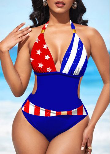 American Flag Print Halter Color Block One Piece Swimwear - unsigned - Modalova