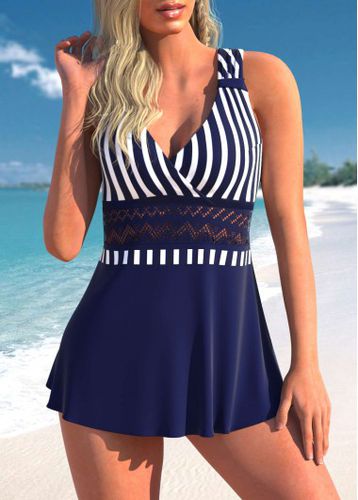 Navy Blue Striped Lace Stitching Swimdress and Panty - unsigned - Modalova