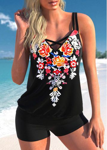 Black Floral Print Cross Strap Tankini Top - unsigned - Modalova