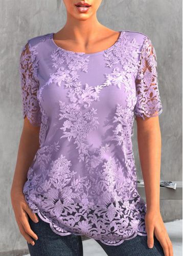 Lace Embroidered Light Purple 3/4 Sleeve T Shirt - unsigned - Modalova