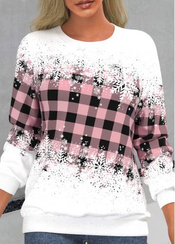 Pink Snowflake Print Long Sleeve Round Neck Sweatshirt - unsigned - Modalova