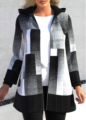 Black Patchwork Geometric Print Long Sleeve Hooded Coat - unsigned - Modalova