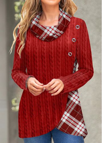 Red Twisted Plaid Long Sleeve Cowl Neck Sweatshirt - unsigned - Modalova