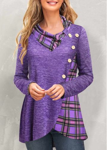 Purple Patchwork Plaid Long Sleeve Cowl Neck Sweatshirt - unsigned - Modalova