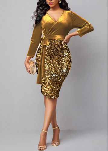 Golden Sequin Long Sleeve V Neck Dress - unsigned - Modalova