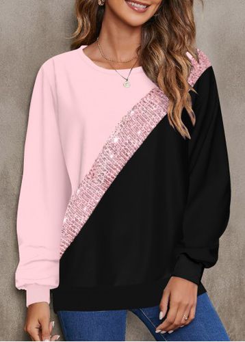 Pink Patchwork Long Sleeve Round Neck Sweatshirt - unsigned - Modalova
