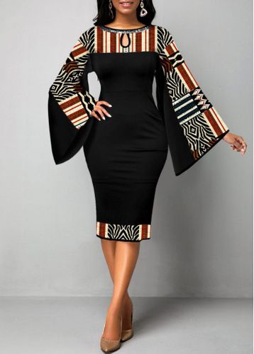 Black Patchwork African Tribal Print Bodycon Dress - unsigned - Modalova