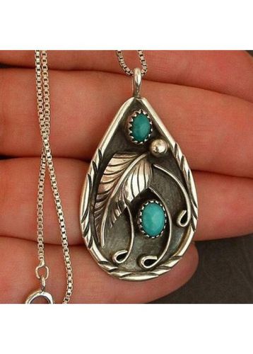 Turquoise Teardrop Feather Design Metal Necklace - unsigned - Modalova