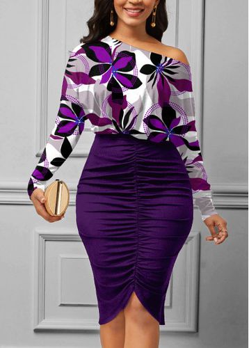 Purple Shirred Floral Print Bodycon Dress - unsigned - Modalova