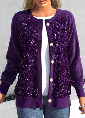Dark Purple Sequin Long Sleeve Round Neck Cardigan - unsigned - Modalova