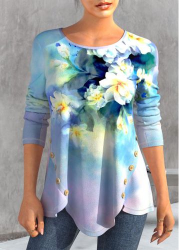 Light Blue Button Floral Print T Shirt - unsigned - Modalova