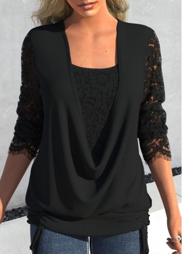 Black Lace Long Sleeve Square Neck T Shirt - unsigned - Modalova
