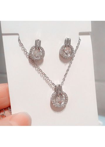 Silver Round Zircon Earrings and Necklace - unsigned - Modalova