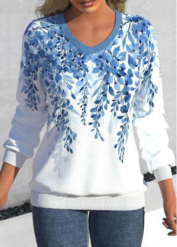 Light Blue Leaf Print Long Sleeve Sweatshirt - unsigned - Modalova