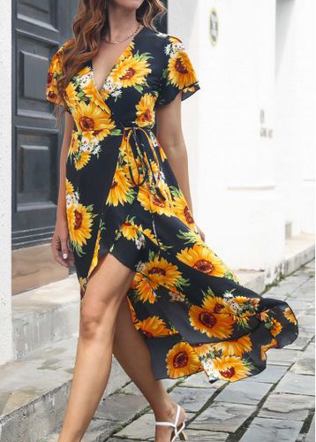 Black Surplice Floral Print Short Sleeve Dress - unsigned - Modalova