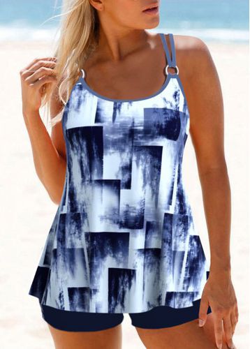 Metal Ring Geometric Print Navy Tankini Top - unsigned - Modalova