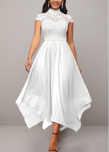 White Lace Short Sleeve Stand Collar Dress - unsigned - Modalova