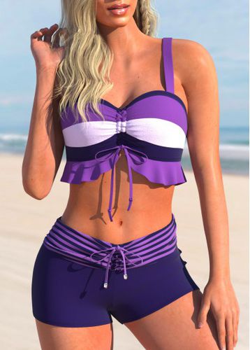 Drawstring Striped Purple Ruffle Bikini Top - unsigned - Modalova