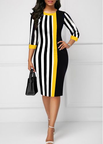 Black Striped Three Quarter Length Sleeve Bodycon Dress - unsigned - Modalova