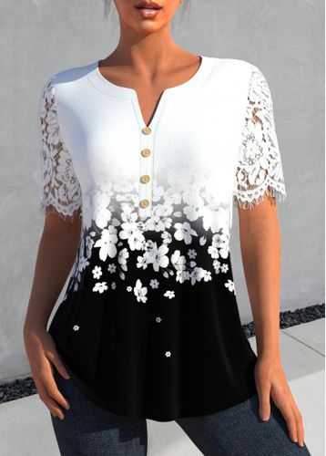 White Lace Floral Print Short Sleeve Blouse - unsigned - Modalova