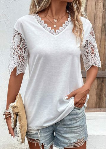 White Lace Short Sleeve V Neck T Shirt - unsigned - Modalova