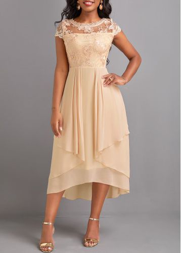Champagne Lace High Low Short Sleeve Dress - unsigned - Modalova