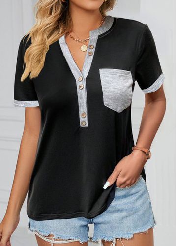 Black Pocket Short Sleeve Split Neck T Shirt - unsigned - Modalova