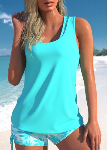 Three-piece High Waisted Leaf Print Cyan Tankini Set - unsigned - Modalova