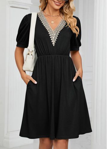 Black Lace Short Sleeve V Neck Dress - unsigned - Modalova