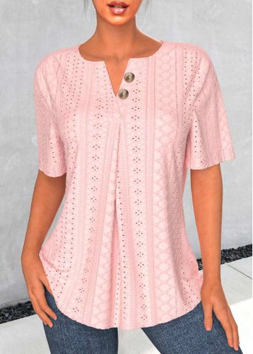 Light Pink Button Short Sleeve Split Neck Blouse - unsigned - Modalova