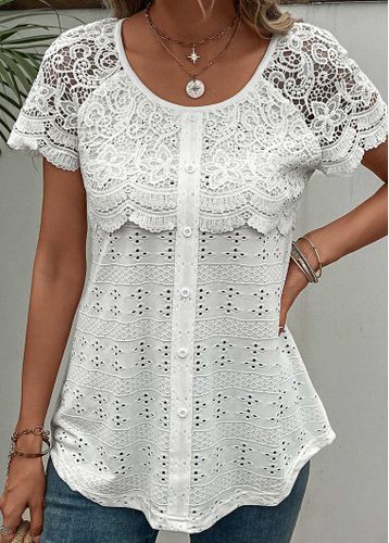 White Lace Short Sleeve Round Neck T Shirt - unsigned - Modalova