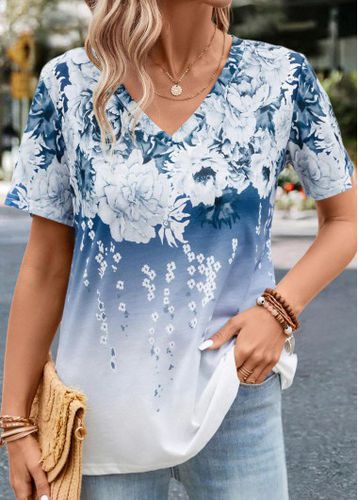 Blue Floral Print Short Sleeve T Shirt - unsigned - Modalova