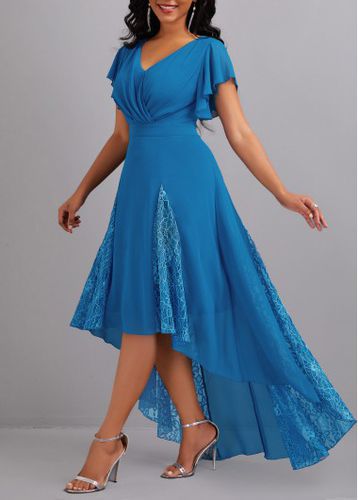 Blue Lace High Low Short Sleeve Dress - unsigned - Modalova