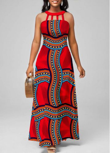 Red Cage Neck Tribal Print Sleeveless Maxi Dress - unsigned - Modalova