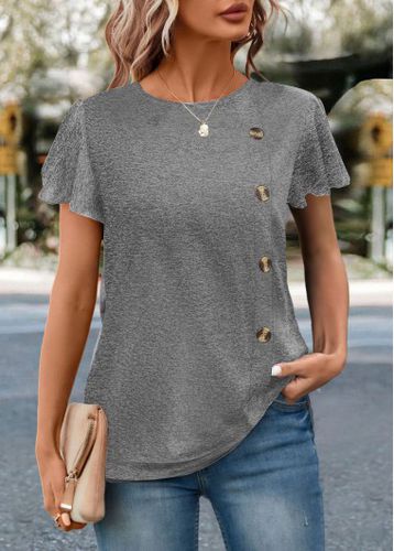 Grey Button Short Sleeve Round Neck T Shirt - unsigned - Modalova