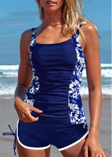 Ruched Mid Waisted Floral Print Blue Tankini Set - unsigned - Modalova