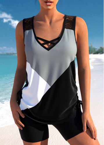 Lace Patchwork DrawstringBlack Tankini Top - unsigned - Modalova