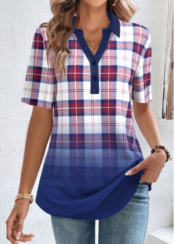 Multi Color Button Plaid Short Sleeve Blouse - unsigned - Modalova