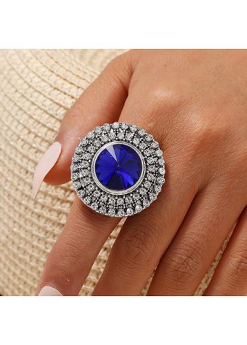 Royal Blue Round Rhinestone Design Ring - unsigned - Modalova