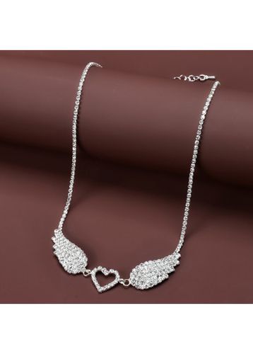 Silvery White Heart Rhinestone Wing Necklace - unsigned - Modalova