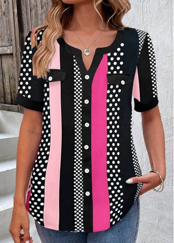 Hot Pink Button Striped Short Sleeve Blouse - unsigned - Modalova