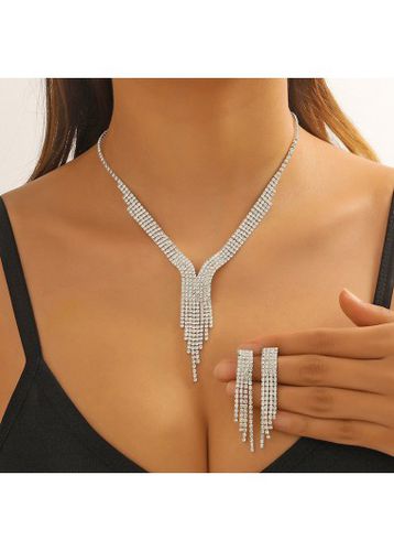 Silvery White Tassel Rhinestone Necklace and Earrings - unsigned - Modalova