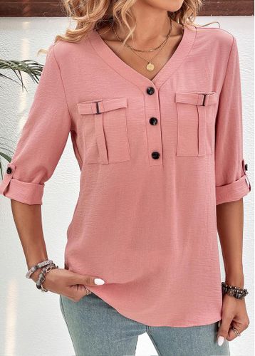 Pink Pocket Three Quarter Length Sleeve Blouse - unsigned - Modalova