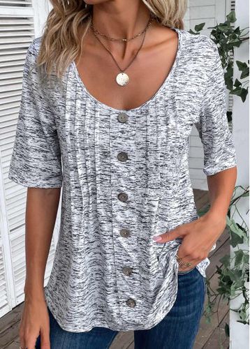 Light Grey Marl Button Half Sleeve T Shirt - unsigned - Modalova