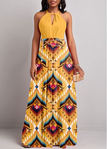 Yellow Cut Out Tribal Print Maxi Sleeveless Dress - unsigned - Modalova